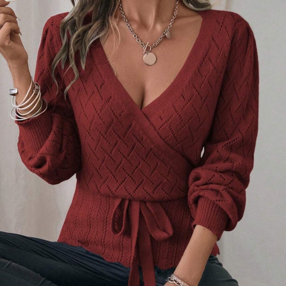 Cozy Scallop Hem Belted Sweater Top - Picture 2 of 9